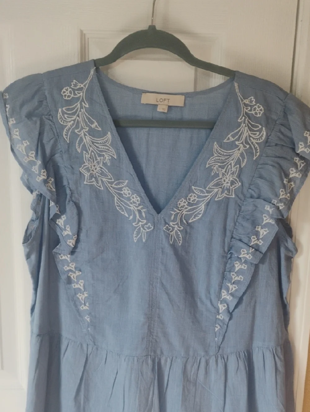 LOFT embroidered chambray flutter sleeve peplum top - Picture 2 of 5